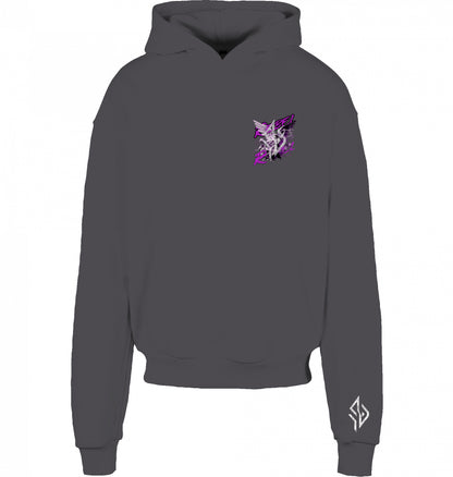 VESTR REBEL – Heavy Box Hoodie in Magnet, kleines REBEL-Motiv auf der Brust und Zeichen am Ärmel, von SUÐR