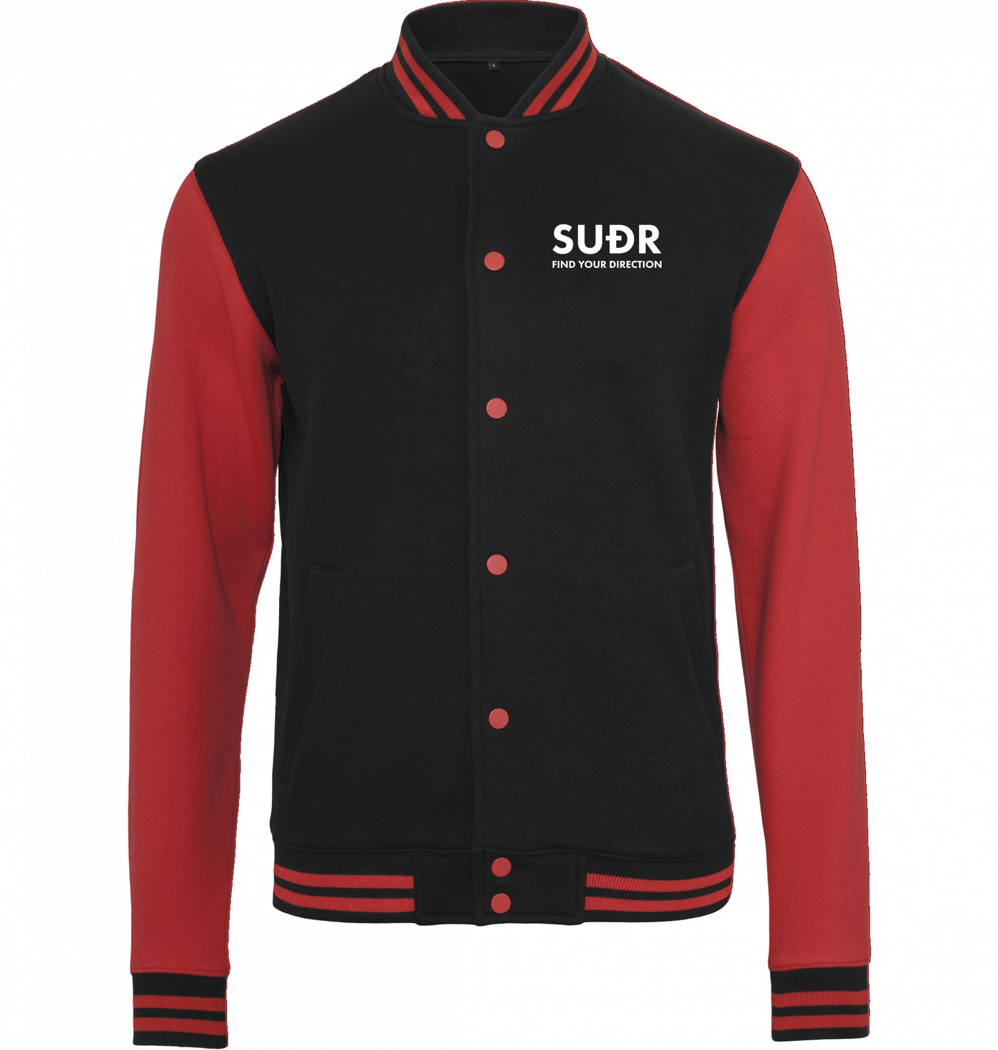 SUÐR FIND Sweat College Jacket in Black/Red – Vorderansicht mit SUÐR-Wortmarke