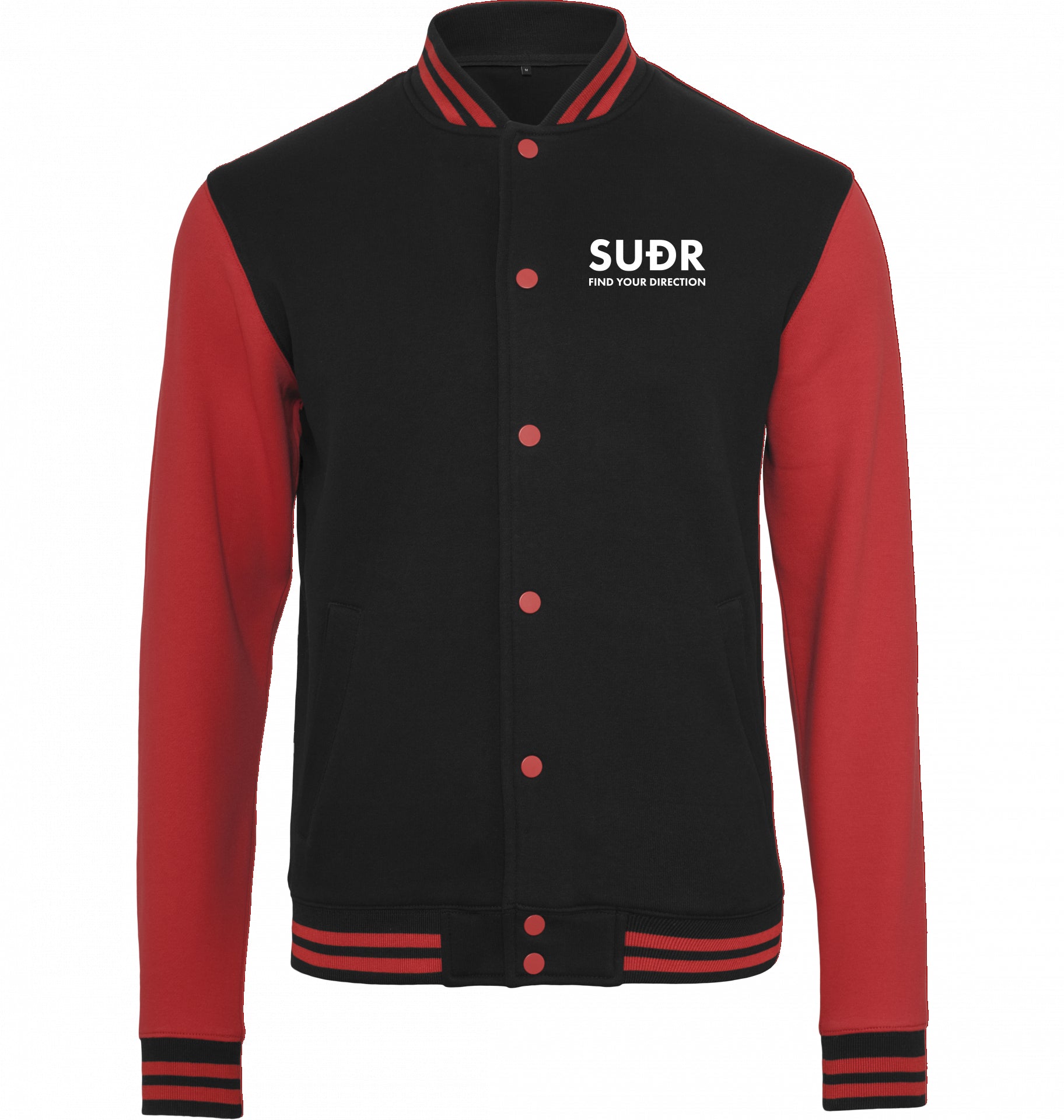 SUÐR FIND Sweat College Jacket in Black/Red – Vorderansicht mit SUÐR-Wortmarke