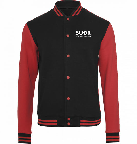 SUÐR FIND Sweat College Jacket in Black/Red – Vorderansicht mit SUÐR-Wortmarke