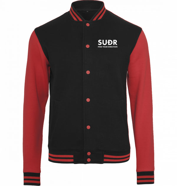 SUÐR FIND Sweat College Jacket in Black/Red – Vorderansicht mit SUÐR-Wortmarke