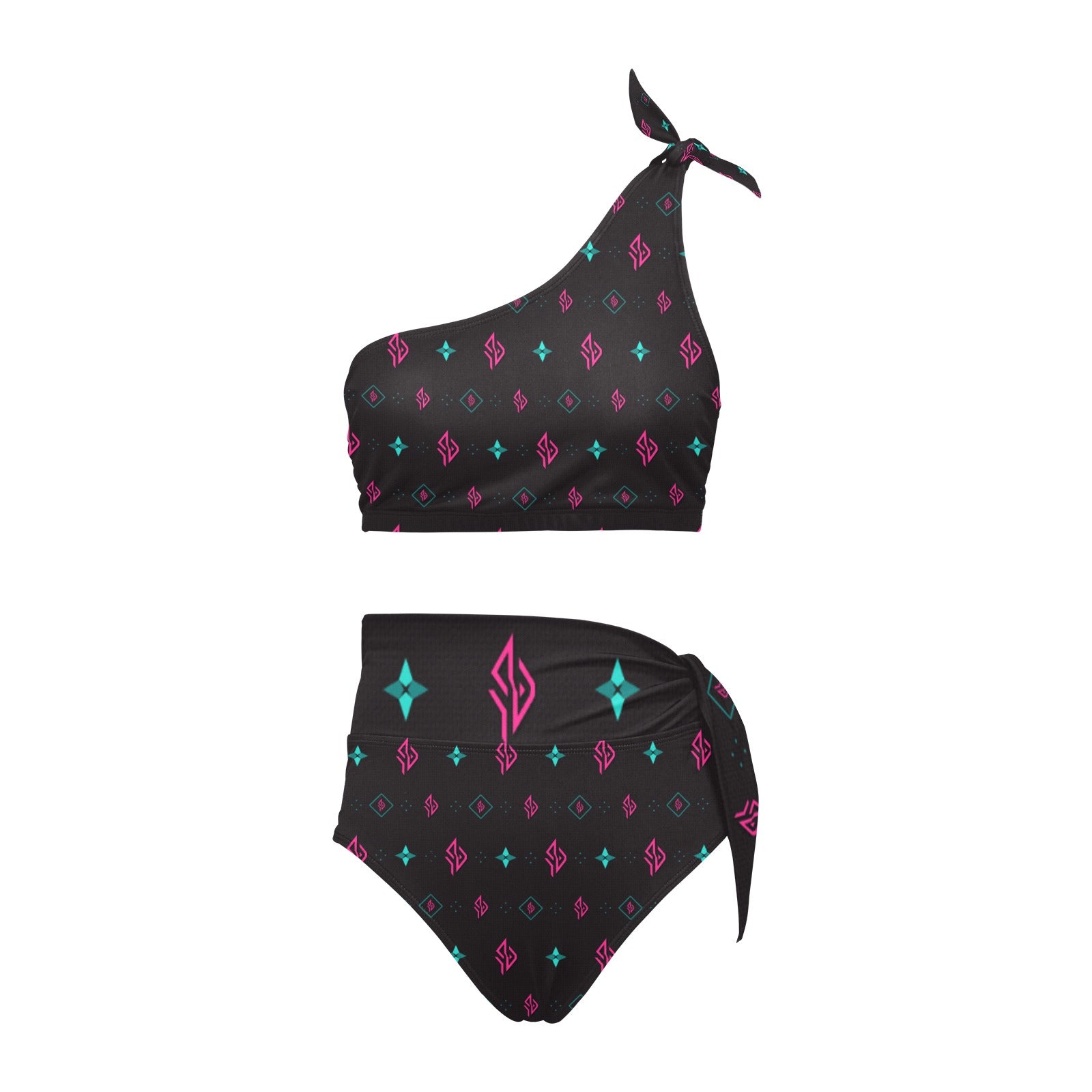 SUÐR Signature Bikini Set Schwarz/Pink-Türkis, Top und High-Waist-Hose