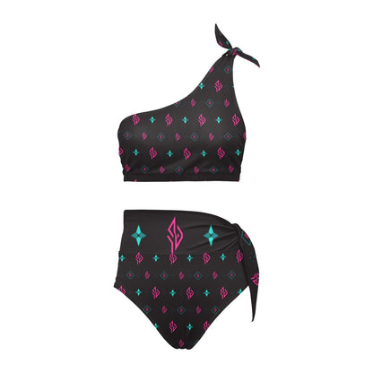 SUÐR Signature Bikini Set Schwarz/Pink-Türkis, Top und High-Waist-Hose