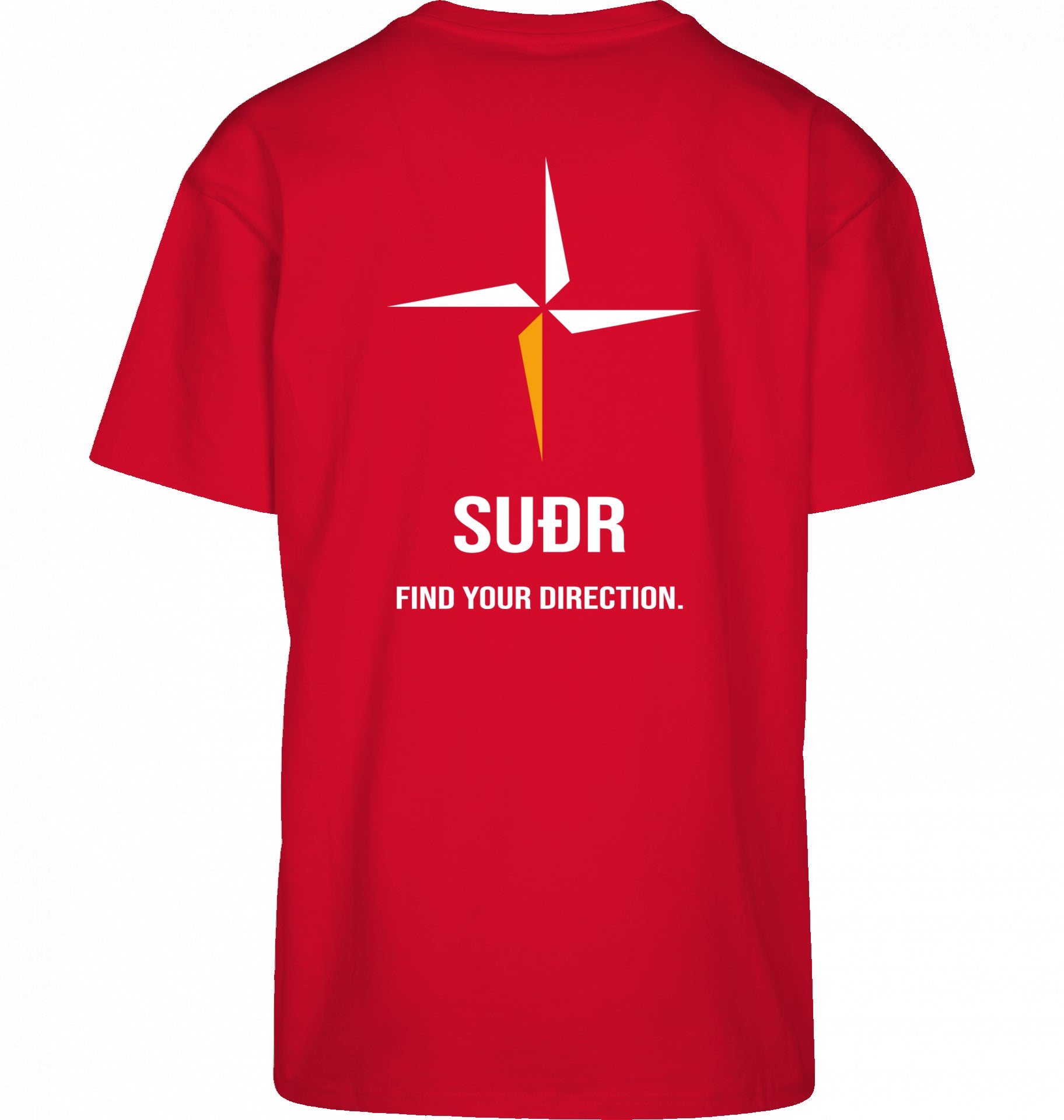 SUÐR FIND Heavy Oversize Tee in City Red – Rückansicht mit Kompass-Stern und Find Your Direction