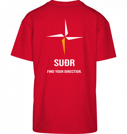 SUÐR FIND Heavy Oversize Tee in City Red – Rückansicht mit Kompass-Stern und Find Your Direction