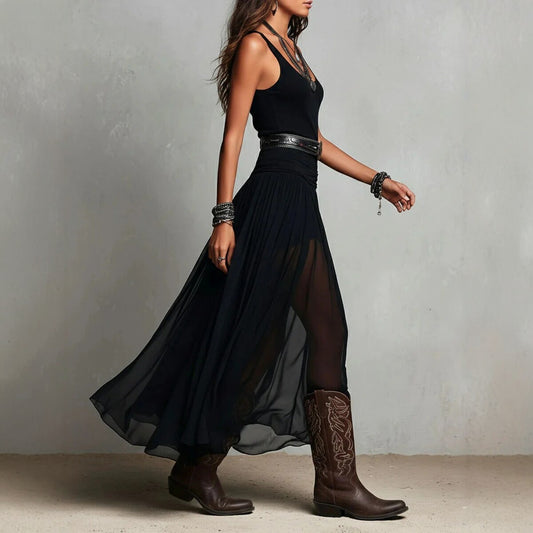 Summer New Black Strap Long Dress for Women, Mesh Dress with Belt eprolo