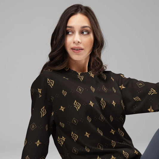 SUÐR Signature Sweatshirt in Braun/Gold – Monogramm-Muster, Vorderansicht