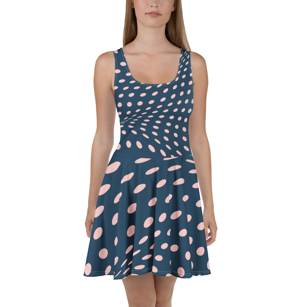 SUÐR-'26 Skater Dress Dots Navy – ärmelloses Skater-Kleid in Navy mit Rosé-Punkte-Print
