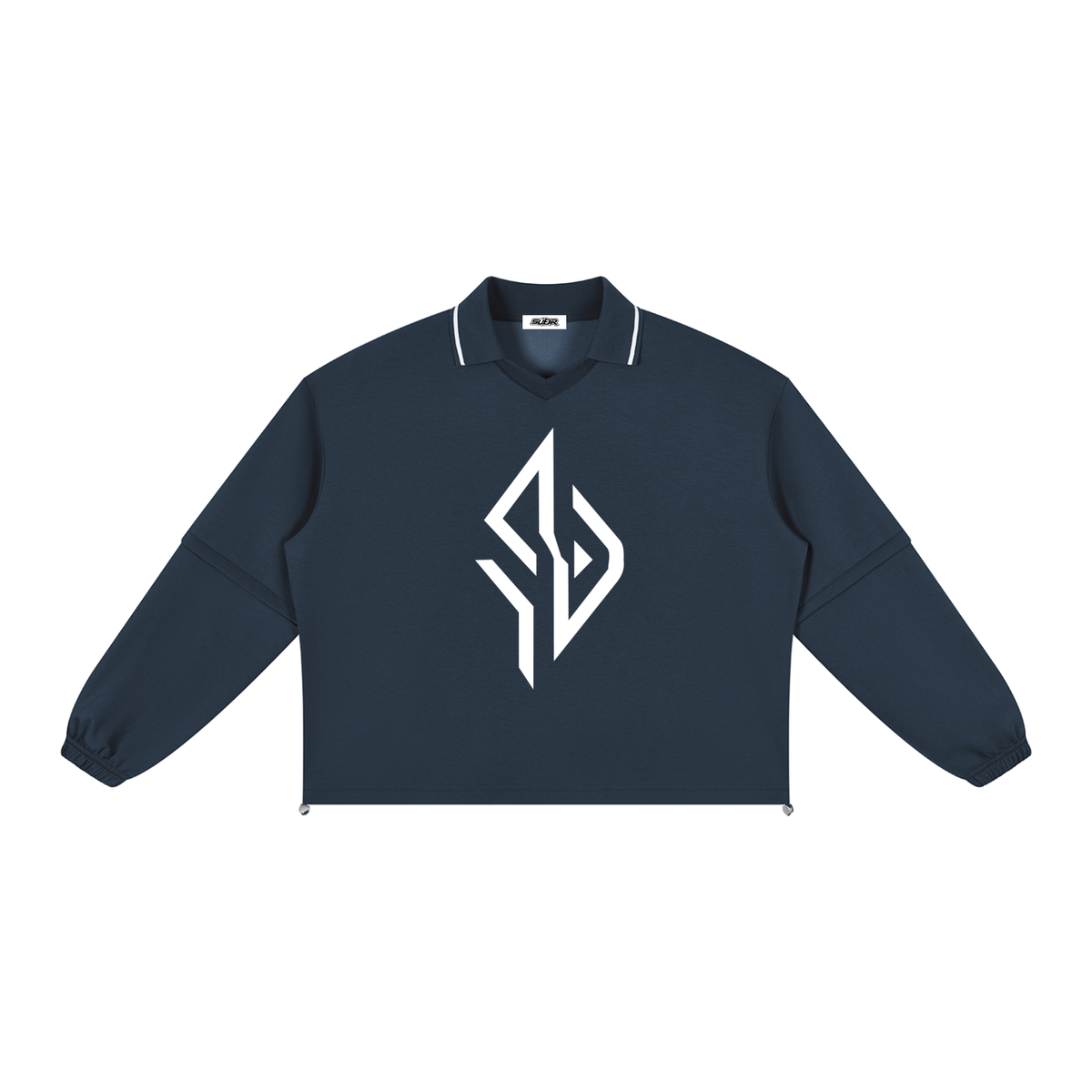 SUÐR Collar Sweatshirt – Sweatshirt in Navy Blue, Vorderseite mit großem SUÐR-Emblem auf der Brust und Polokragen