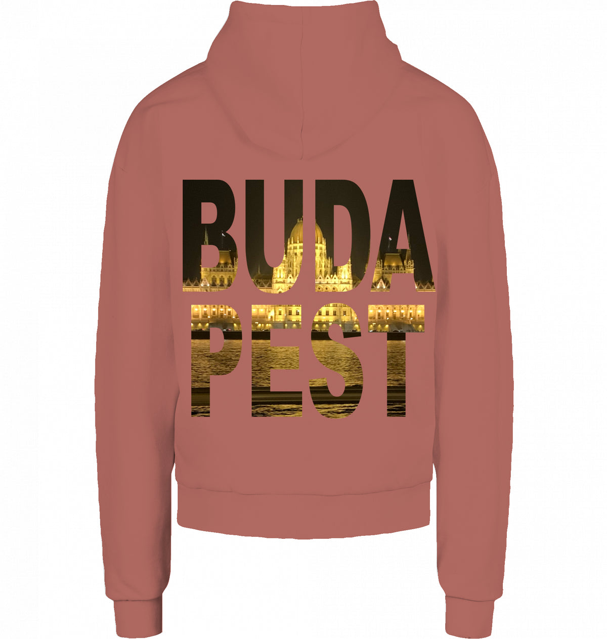CITY 01 HOODIE BUDAPEST in Bark, BUDA PEST Knockout mit Parlament auf dem Rücken, von SUÐR