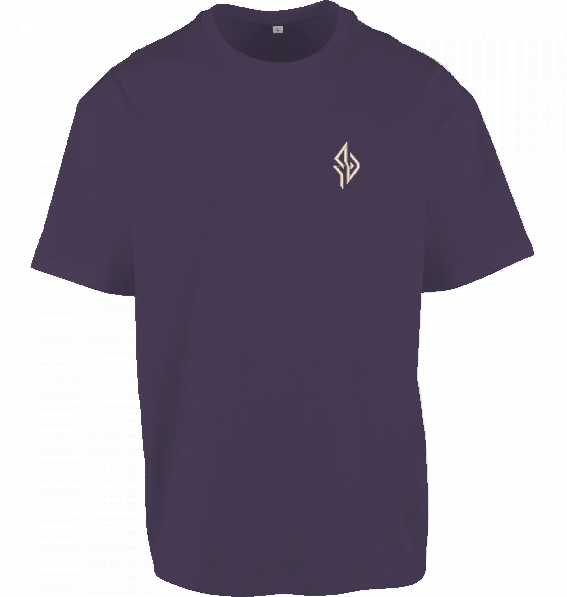 SUÐR FIND Wayfinder Tee in Purple Night – Vorderseite mit beige gesticktem SUÐR-Monogramm auf der Brust