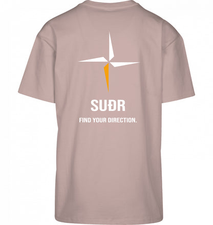 SUÐR FIND Heavy Oversize Tee in Dusk Rose – Rückansicht mit Kompass-Stern und Find Your Direction