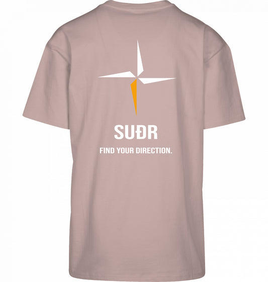 SUÐR FIND Heavy Oversize Tee in Dusk Rose – Rückansicht mit Kompass-Stern und Find Your Direction