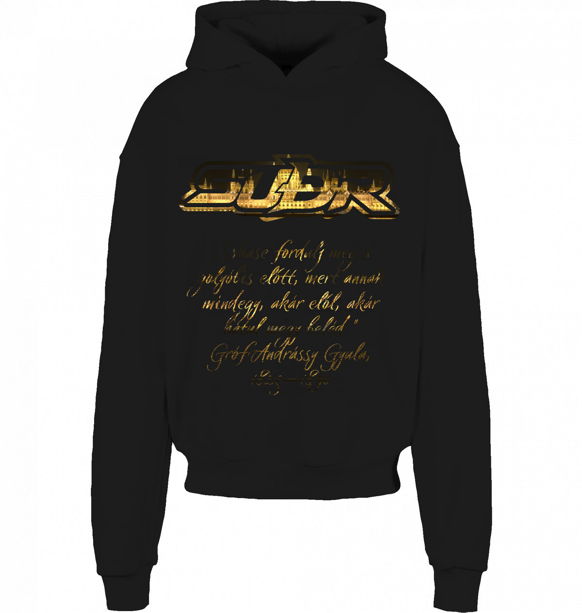 CITY 01 HOODIE BUDAPEST in Schwarz, SUÐR-Schriftzug und Andrássy-Zitat vorne, von SUÐR