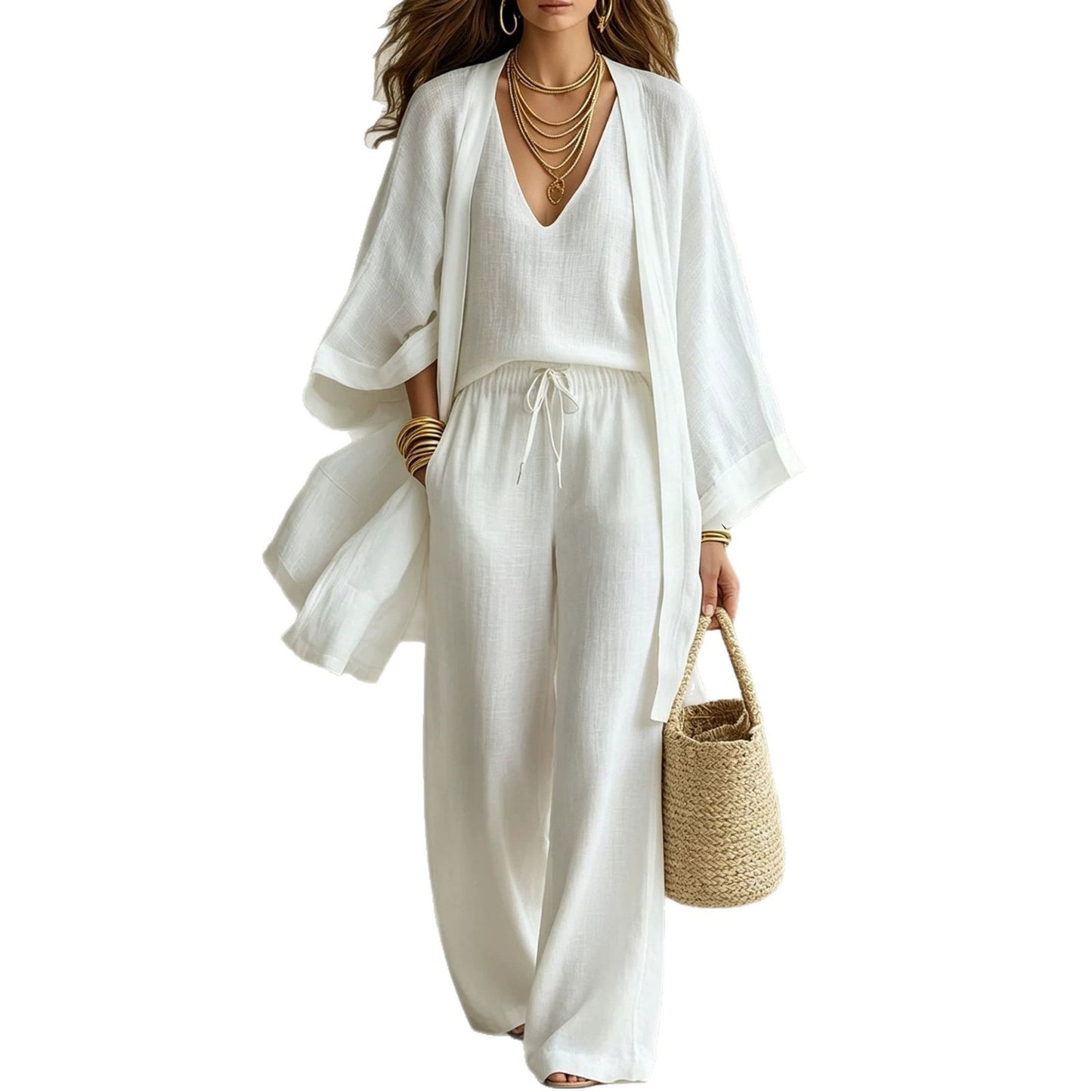 Loose cardigan sleeveless vest long pants three piece set for women eprolo