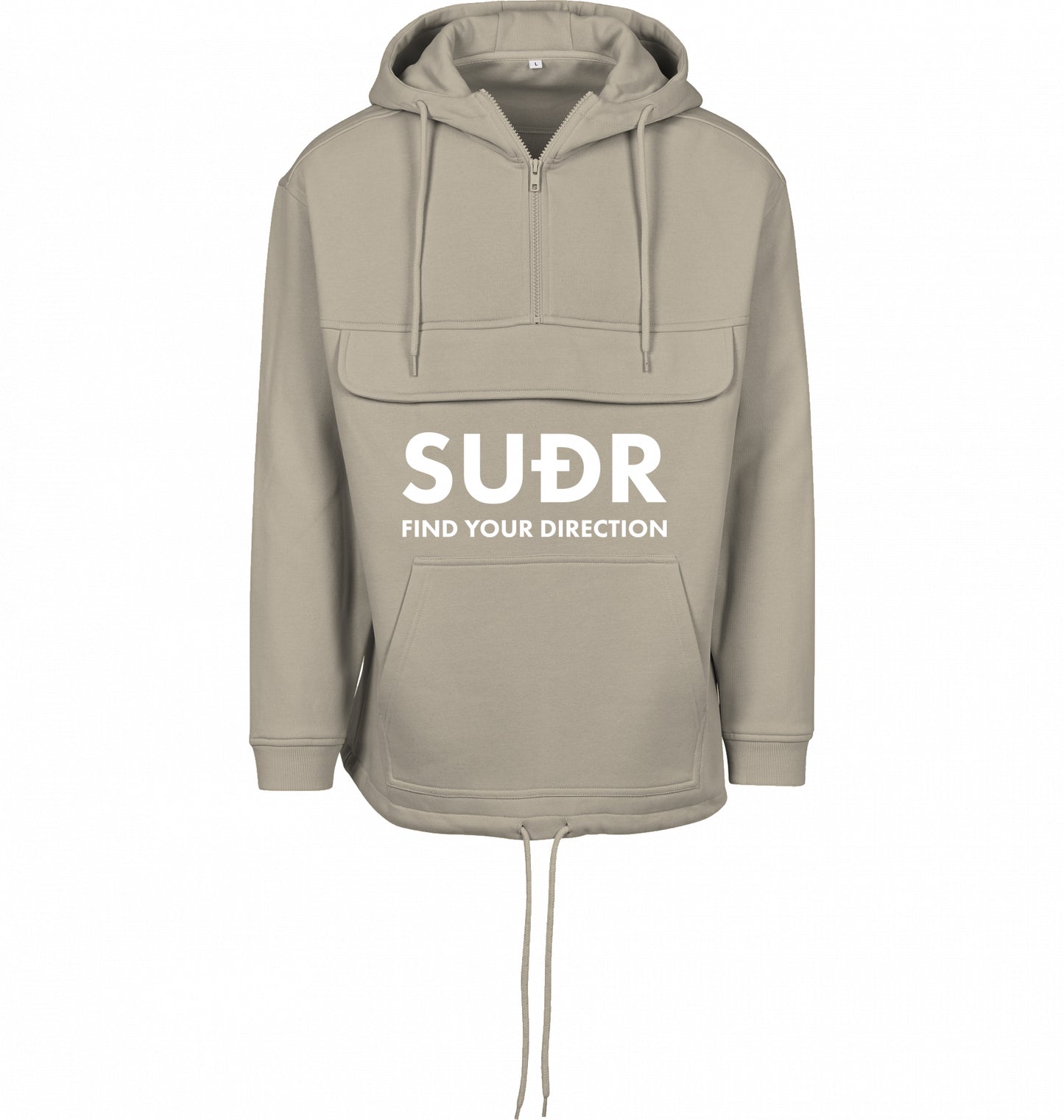 SUÐR FIND Pull Over Hoodie in Sand – Vorderansicht mit SUÐR-Schriftzug auf der Fronttasche