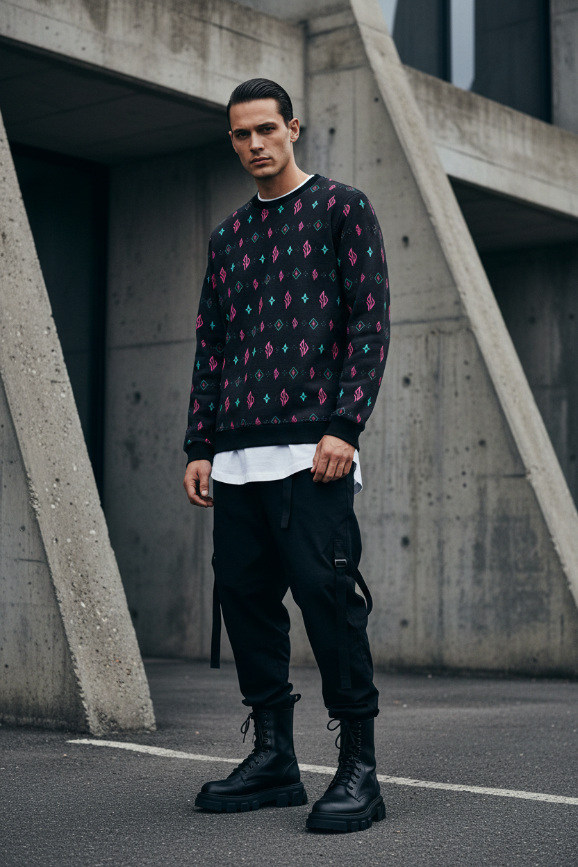 SUÐR Sweatshirt Herren – Schwarz/Pink-Türkis