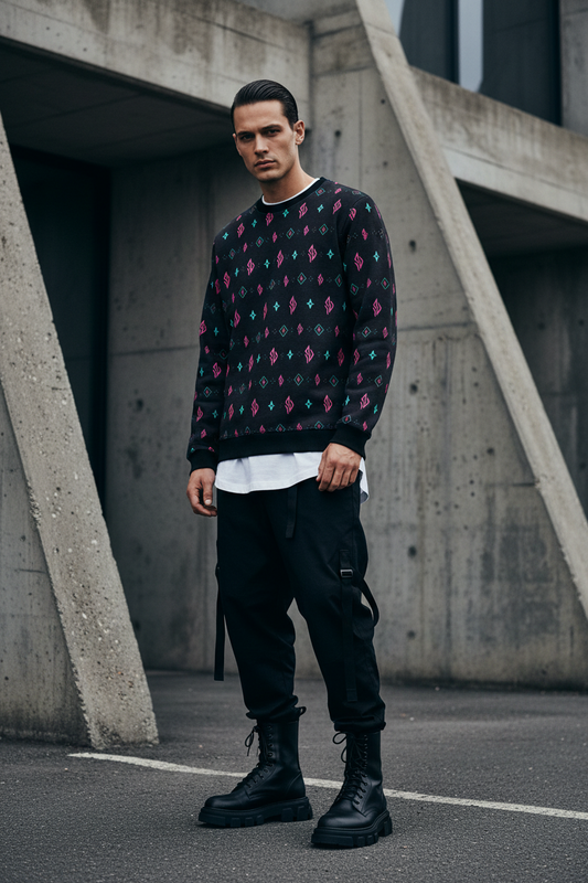 SUÐR Sweatshirt Herren – Schwarz/Pink-Türkis