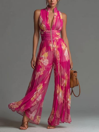 White Pleated Strap Neck Jumpsuit for Women, Long Wide Leg Fashion Sexy Folded Design eprolo