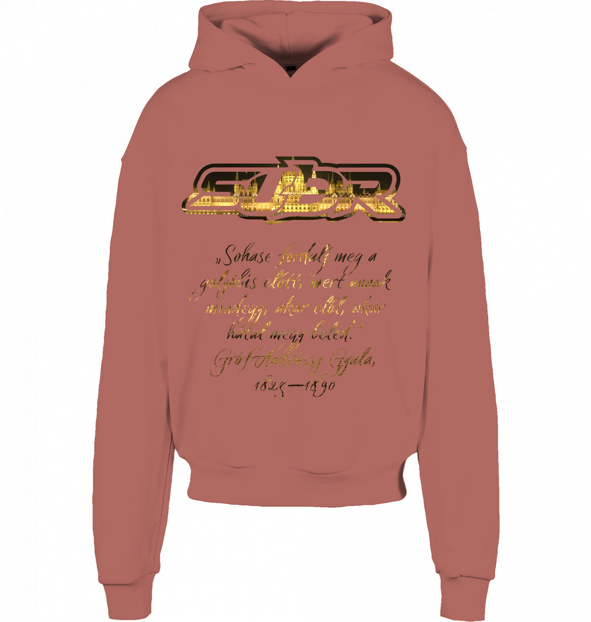 CITY 01 HOODIE BUDAPEST in Bark, SUÐR-Schriftzug und Andrássy-Zitat vorne, von SUÐR