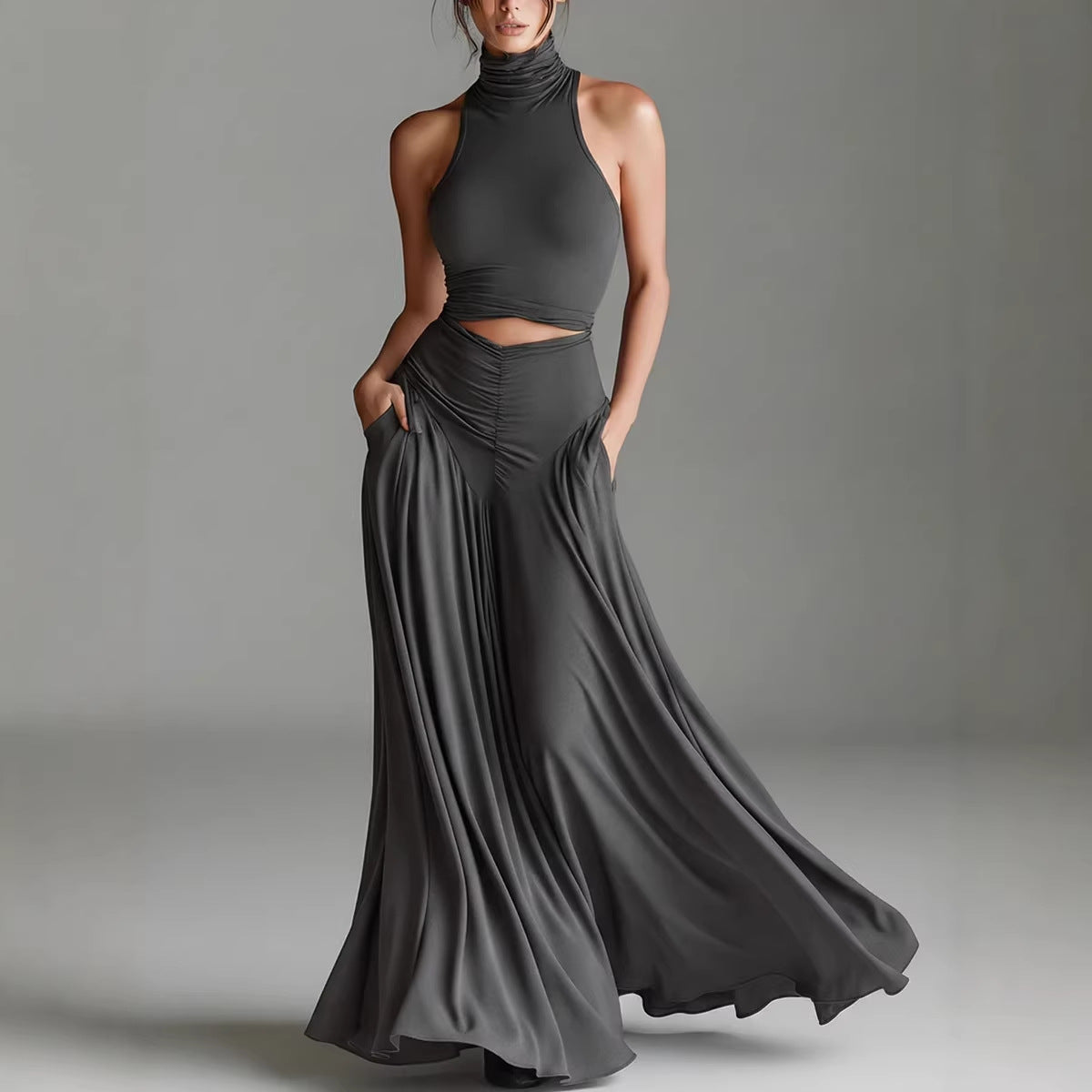 Style Sleeveless High Neck Top with Elegant Long Dress Two-Piece Set eprolo