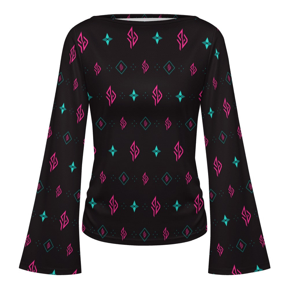 SUÐR Signature Trompetenärmel-Shirt Damen – Schwarz/Pink-Türkis