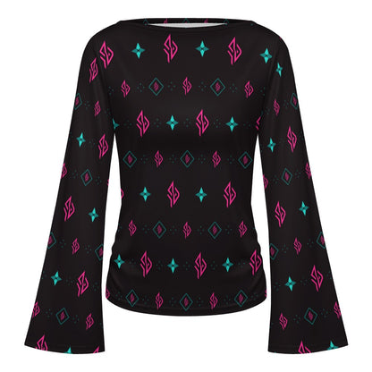 SUÐR Signature Trompetenärmel-Shirt Damen – Schwarz/Pink-Türkis