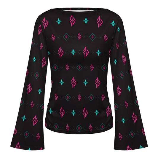 SUÐR Monogramm Trompetenärmel-Shirt Damen – Schwarz/Pink-Türkis