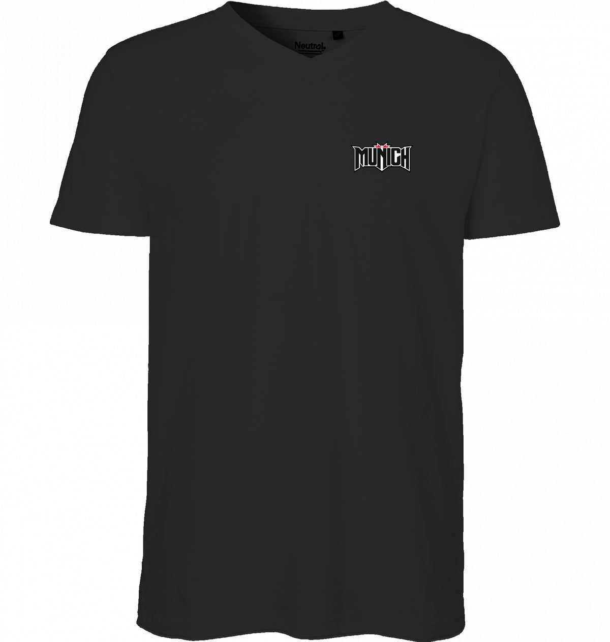 VESTR FEST 02 – MUNICH V-Neck Tee in Black, kleiner MUNICH-Schriftzug auf der Brust, von SUÐR