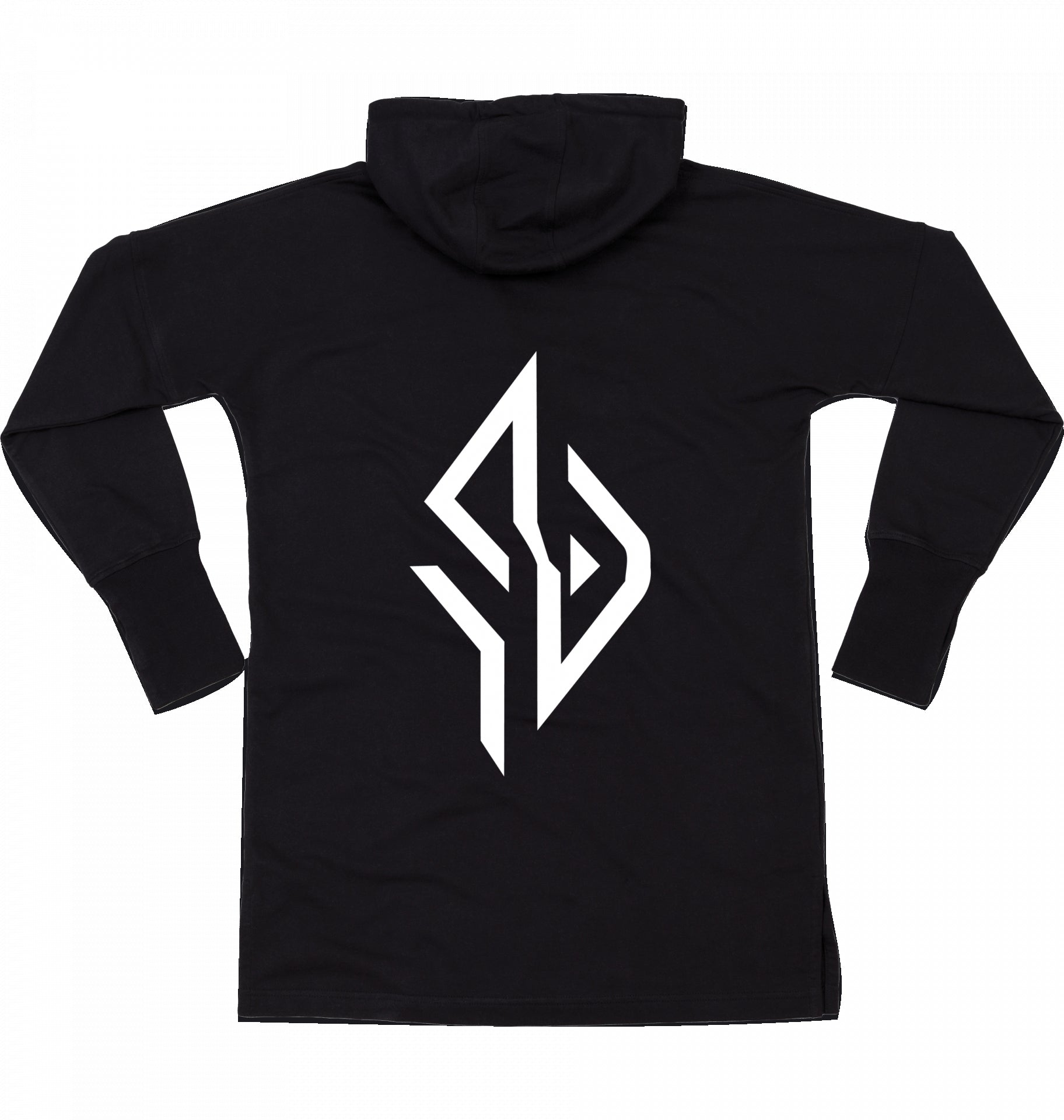 SUÐR FIND Hoodie Dress in Schwarz – Rückansicht mit großem SUÐR-Monogramm