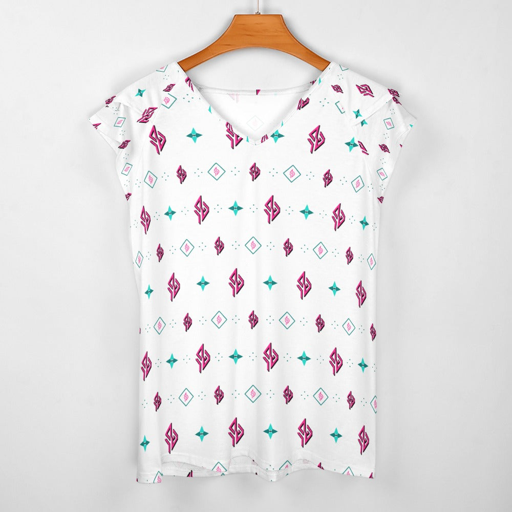 SUÐR Signature V-Neck Tee Damen – Weiß/Pink-Türkis