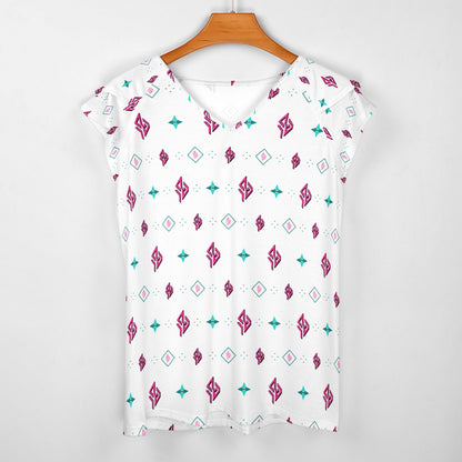 SUÐR Signature V-Neck Tee Damen – Weiß/Pink-Türkis