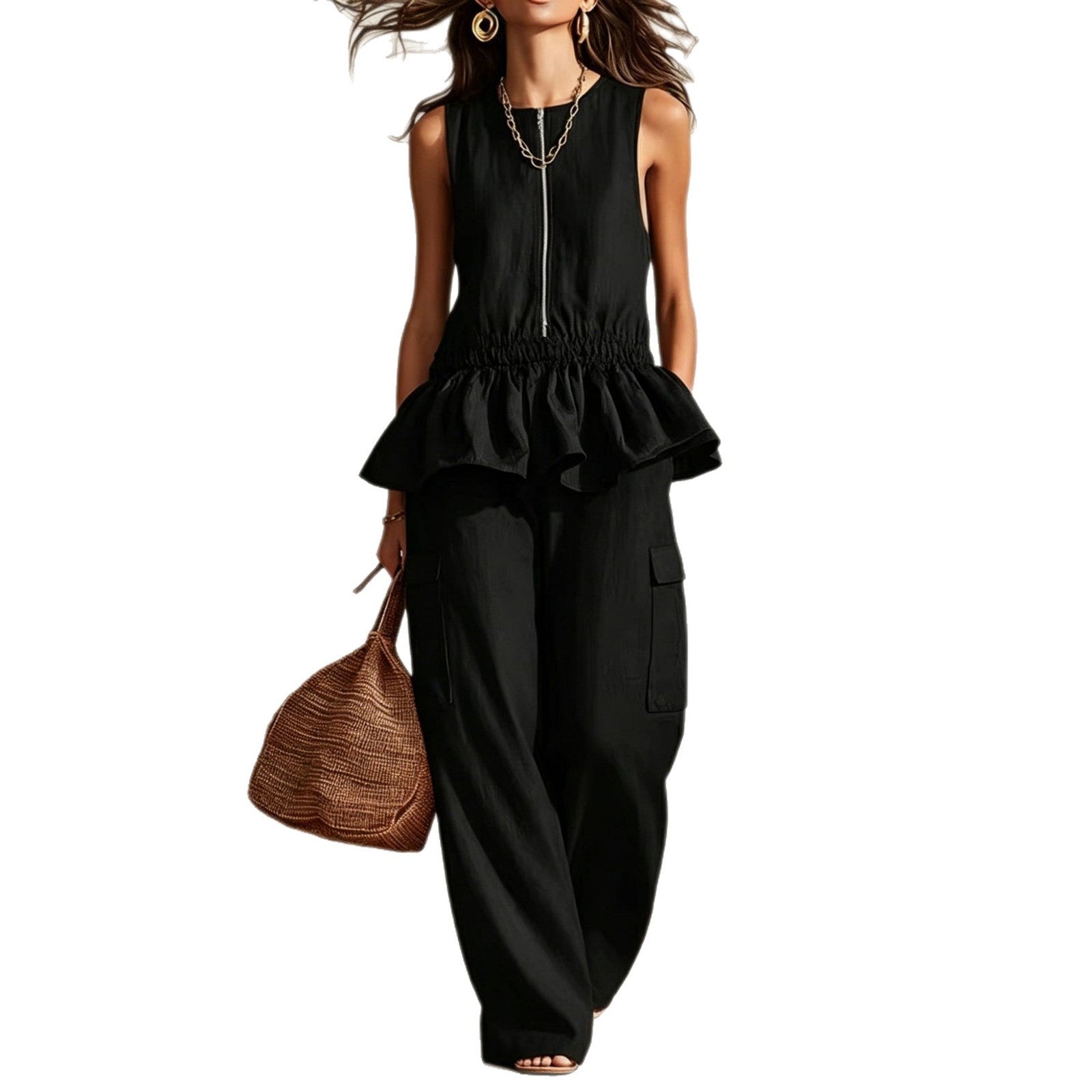 Sleeveless pleated vest wide leg pants set eprolo