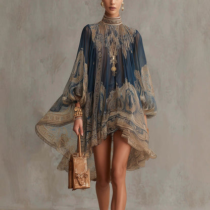 Printed Long Sleeve High Neck Loose Dress eprolo