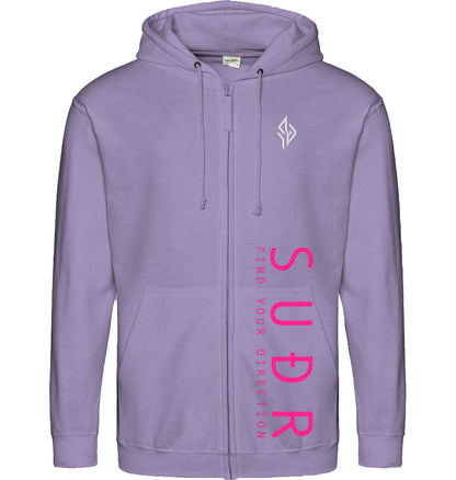 SUÐR FIND 07 Zoodie in Digital Lavender – Vorderansicht mit Emblem und SUÐR-Schriftzug