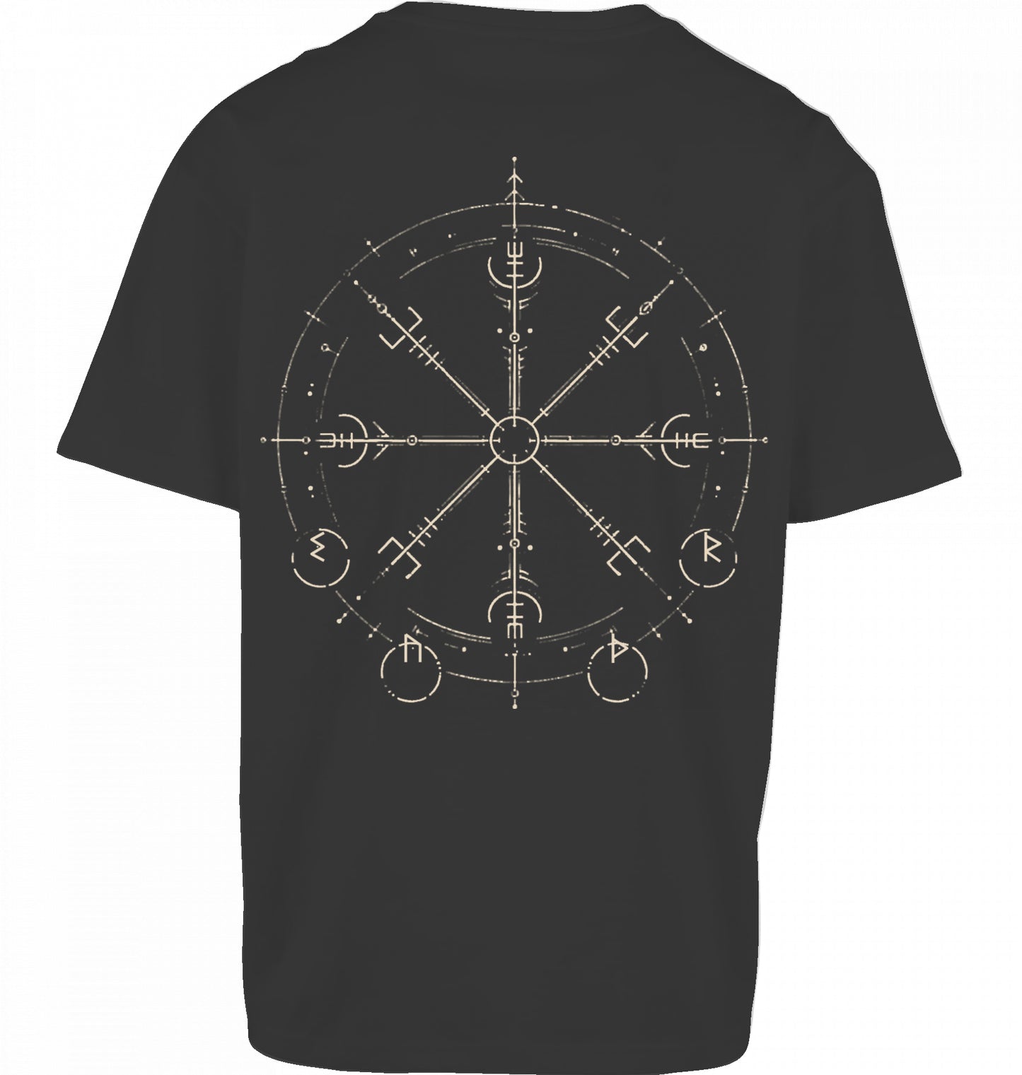 SUÐR FIND Wayfinder Tee in Black – Rückseite mit großem Wayfinder-Artwork in Beige im DTF-Druck