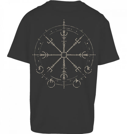 SUÐR FIND Wayfinder Tee in Black – Rückseite mit großem Wayfinder-Artwork in Beige im DTF-Druck