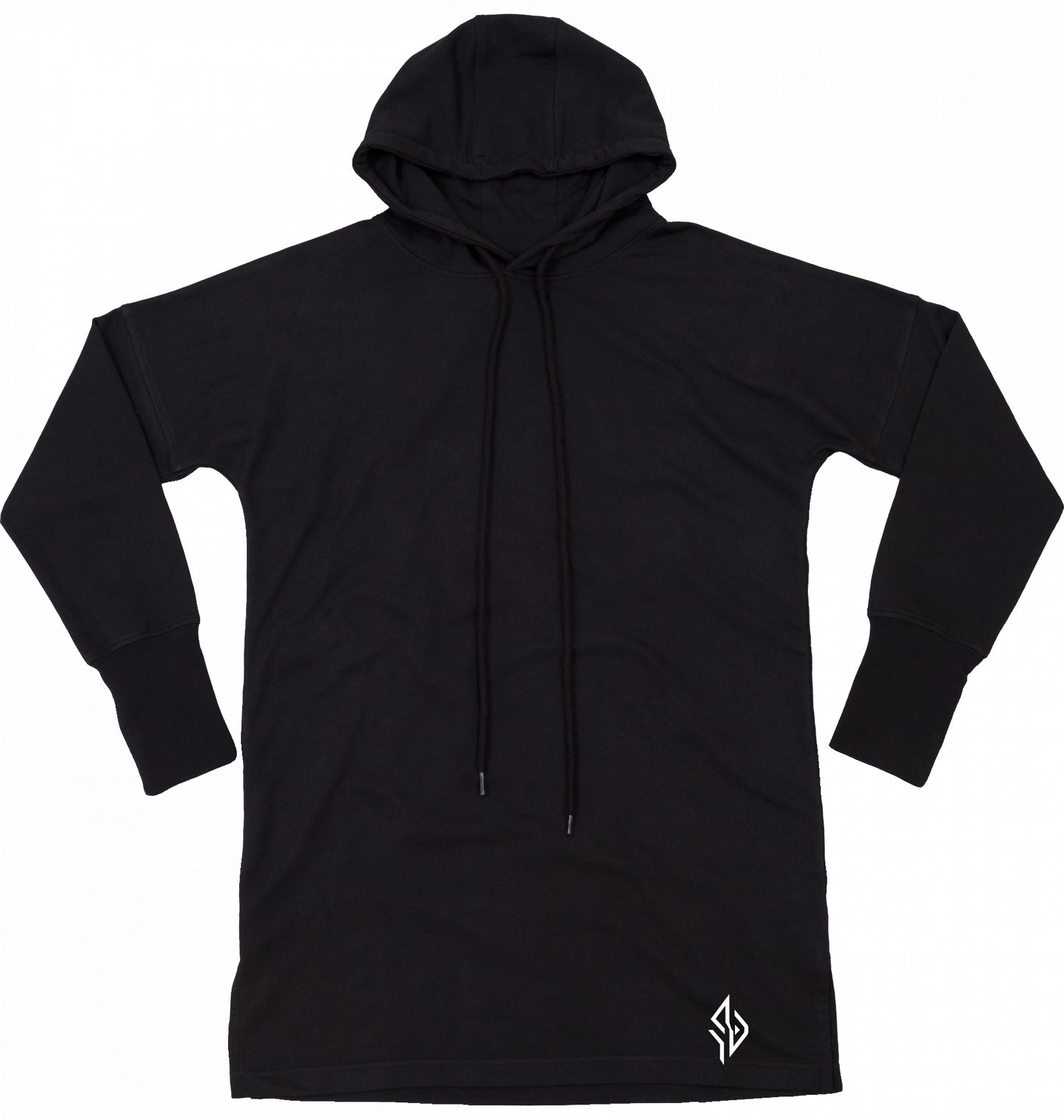 SUÐR FIND Hoodie Dress in Schwarz – Vorderansicht mit Emblem am Saum