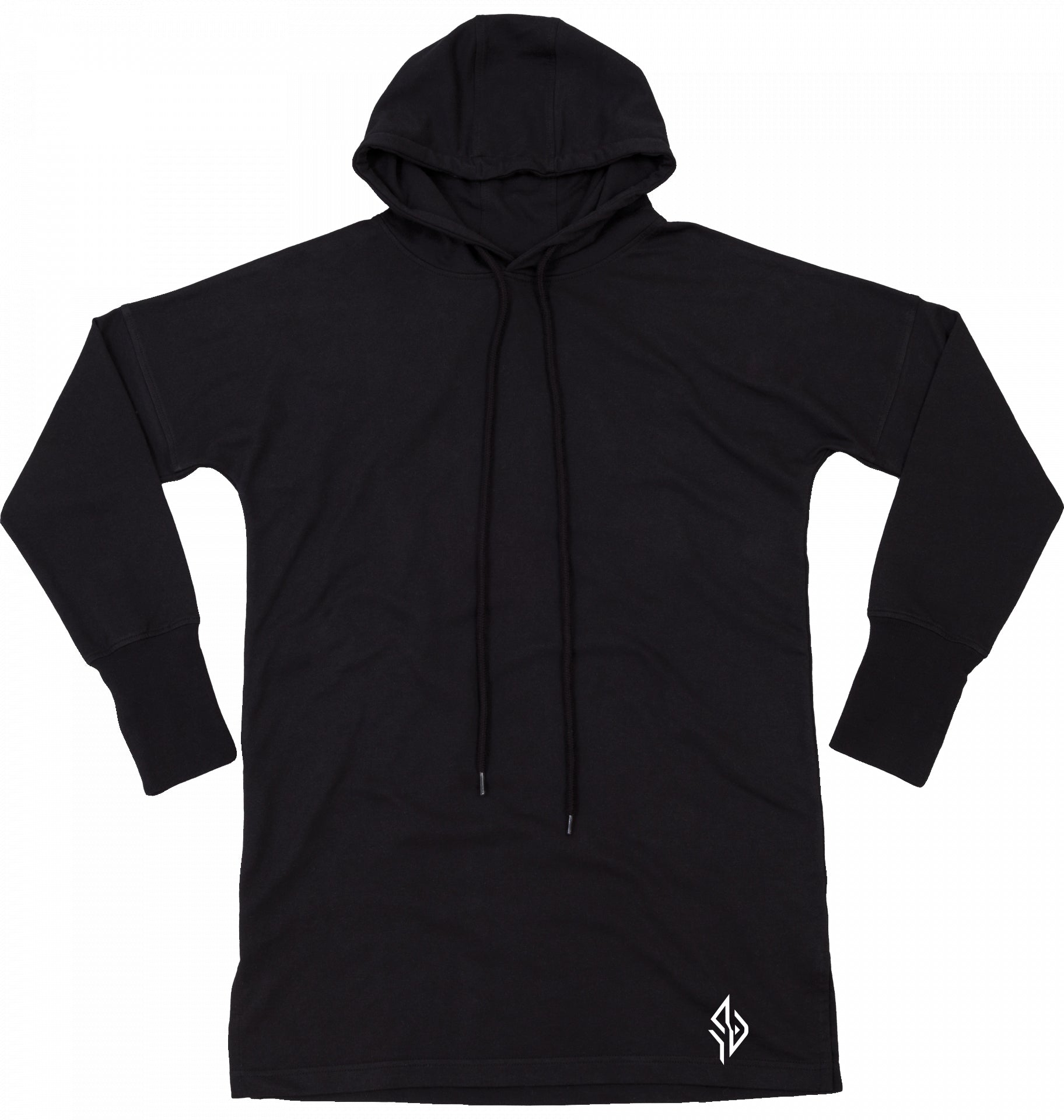 SUÐR FIND Hoodie Dress in Schwarz – Vorderansicht mit Emblem am Saum