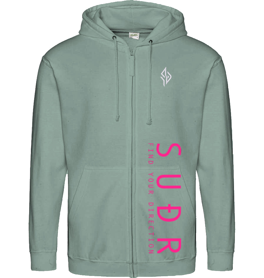SUÐR FIND 07 Zoodie in Dusty Green – Vorderansicht mit Emblem und SUÐR-Schriftzug
