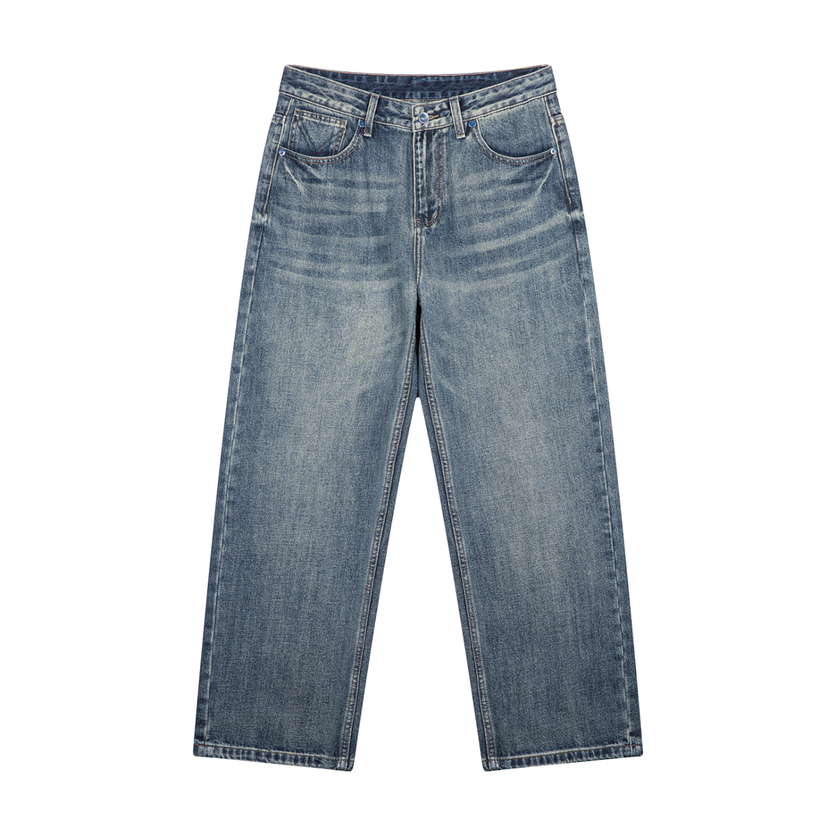 SUÐR Denim Loose Straight – Jeans in mittelblauer Vintage-Waschung, lockerer gerader Schnitt, Vorderansicht