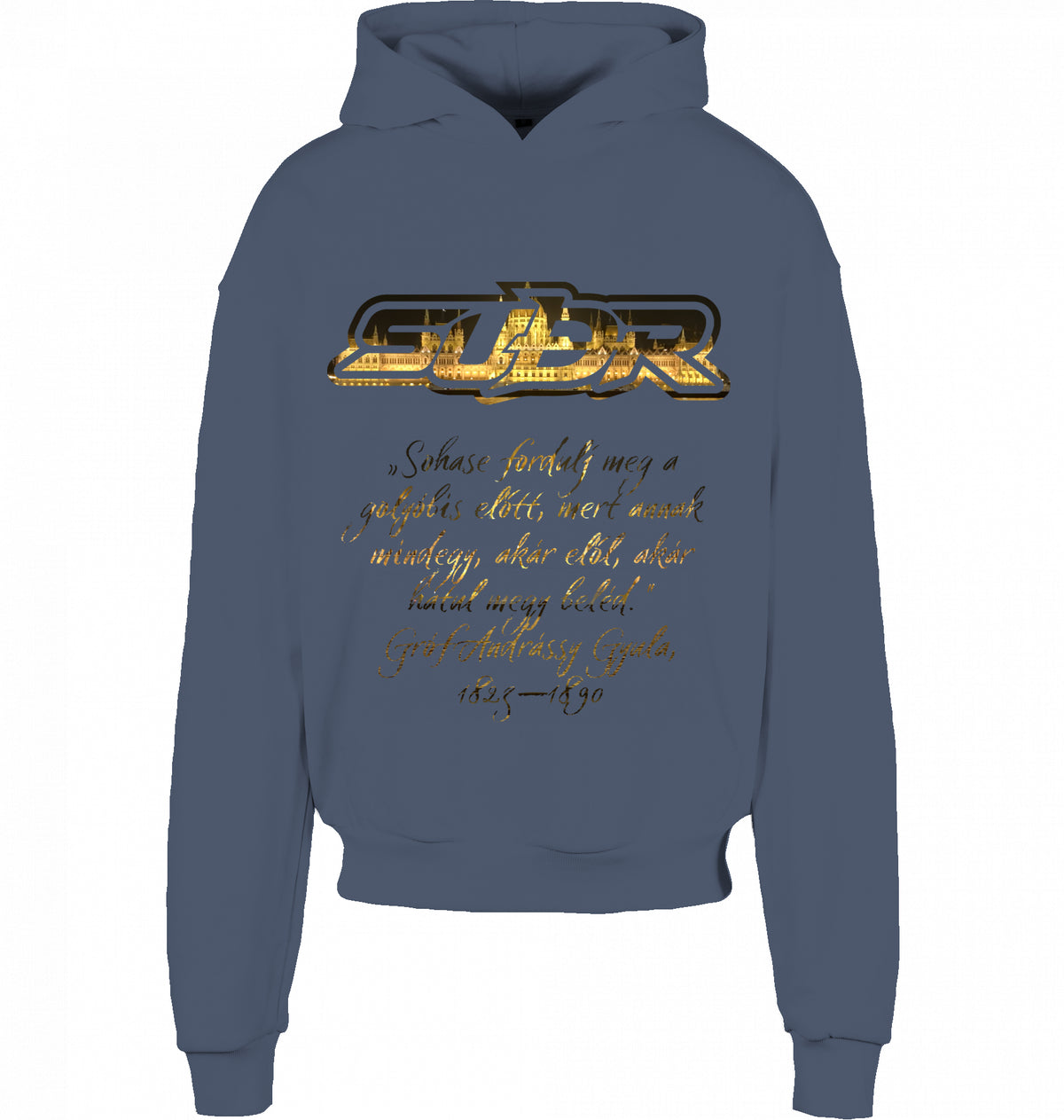 CITY 01 HOODIE BUDAPEST in Vintage Blue, SUÐR-Schriftzug und Andrássy-Zitat vorne, von SUÐR