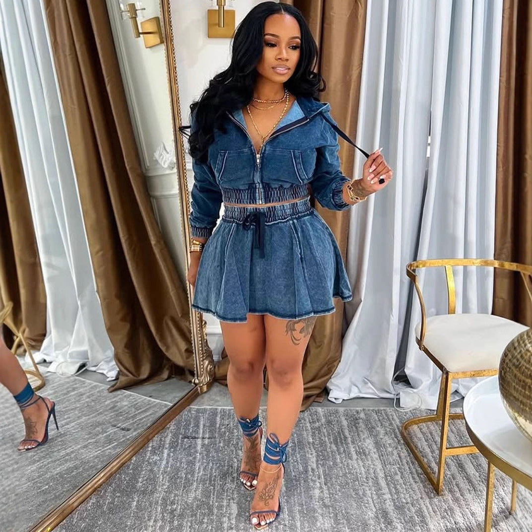 Women's Casual Dress Set, Washed Denim Jacket with Mini Skirt, Autumn Winter New Style Fashion Outfit eprolo