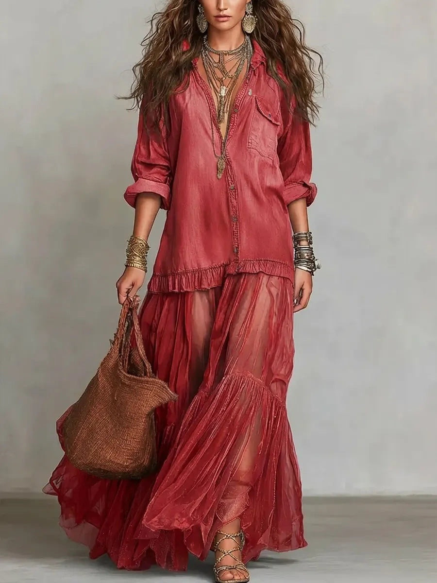 Vintage Denim-like Long Dress Casual Style eprolo