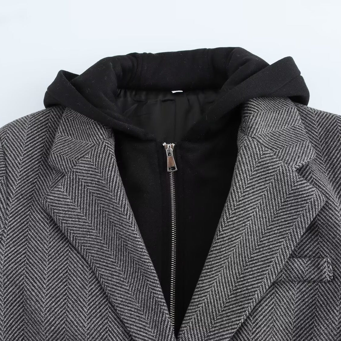 European and American style women's new hooded patchwork herringbone diagonal long sleeved suit jacket