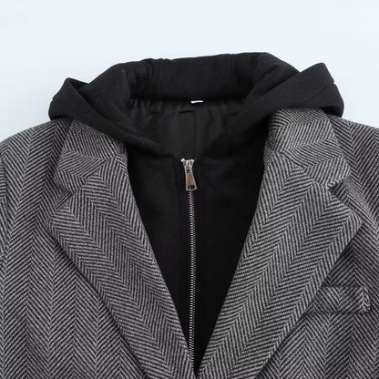 European and American style women's new hooded patchwork herringbone diagonal long sleeved suit jacket