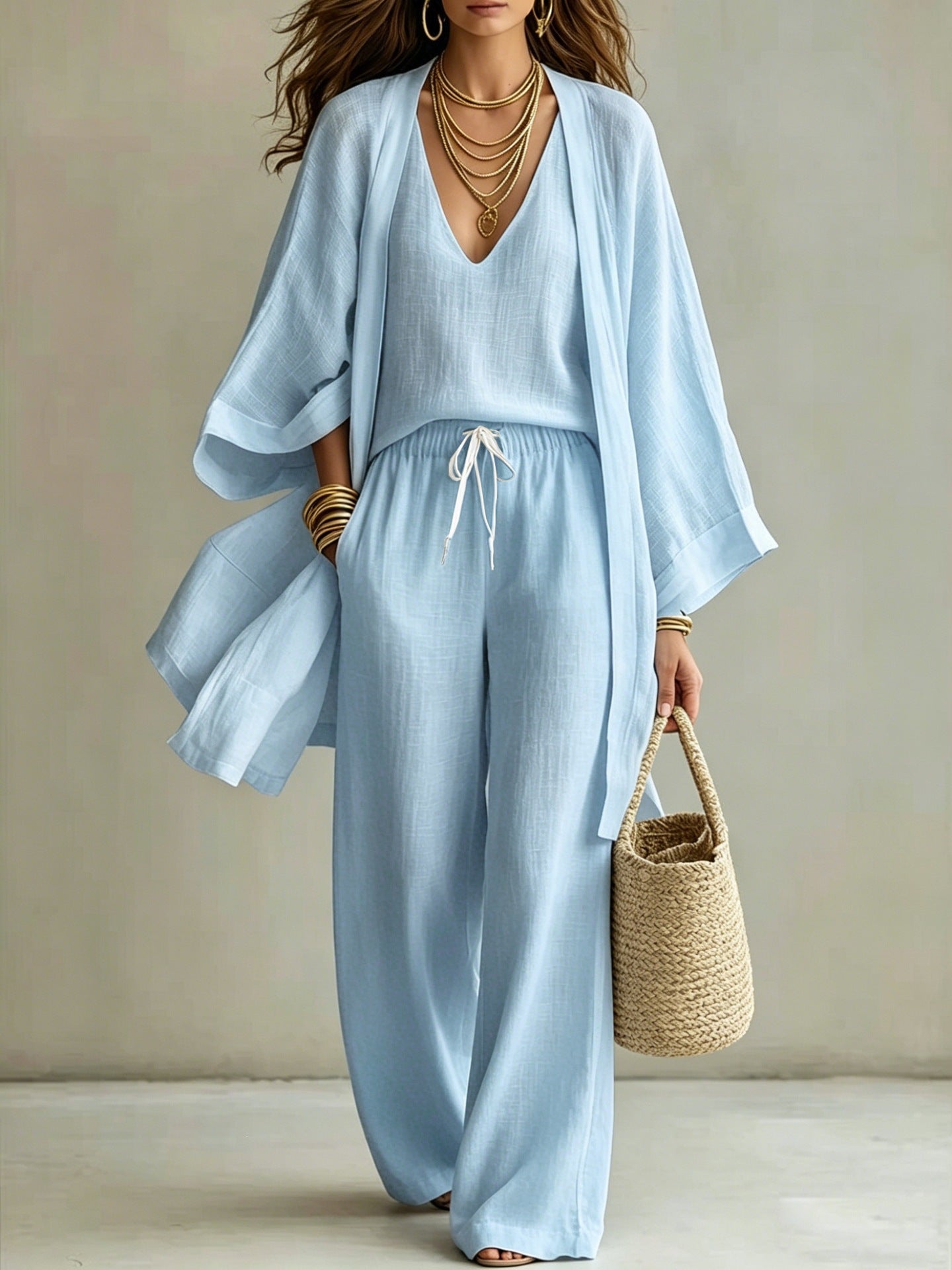 Loose cardigan sleeveless vest long pants three piece set for women eprolo