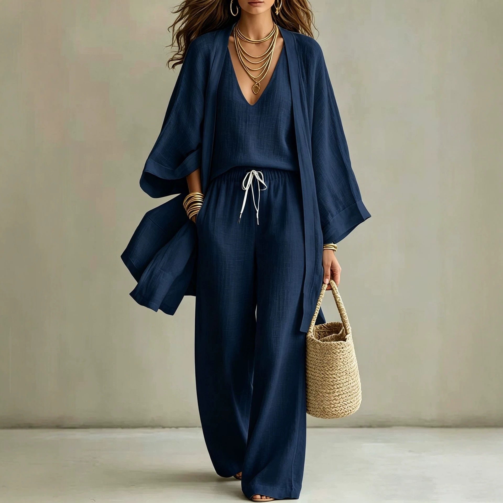 Loose cardigan sleeveless vest long pants three piece set for women eprolo