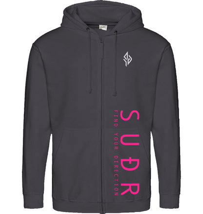 SUÐR FIND 07 Zoodie in Storm Grey – Vorderansicht mit Emblem und SUÐR-Schriftzug