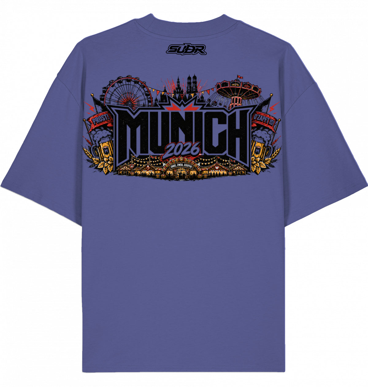 VESTR FEST 01 – MUNICH Oversized Tee in Dusk, Wiesn-Panorama mit 2026 auf dem Rücken, von SUÐR